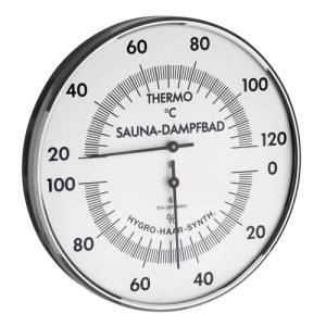 Metall Sauna-Thermo-Hygrometer. Thermometer 20 bis 120 Grad und Luftfeuchte 0 bis 100 %